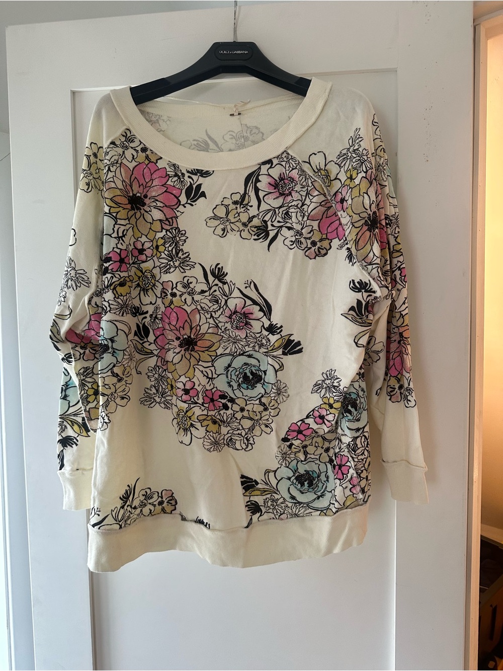 Floral Scoop-Neck Women's Top - Cream with Pink & Blue Flowers